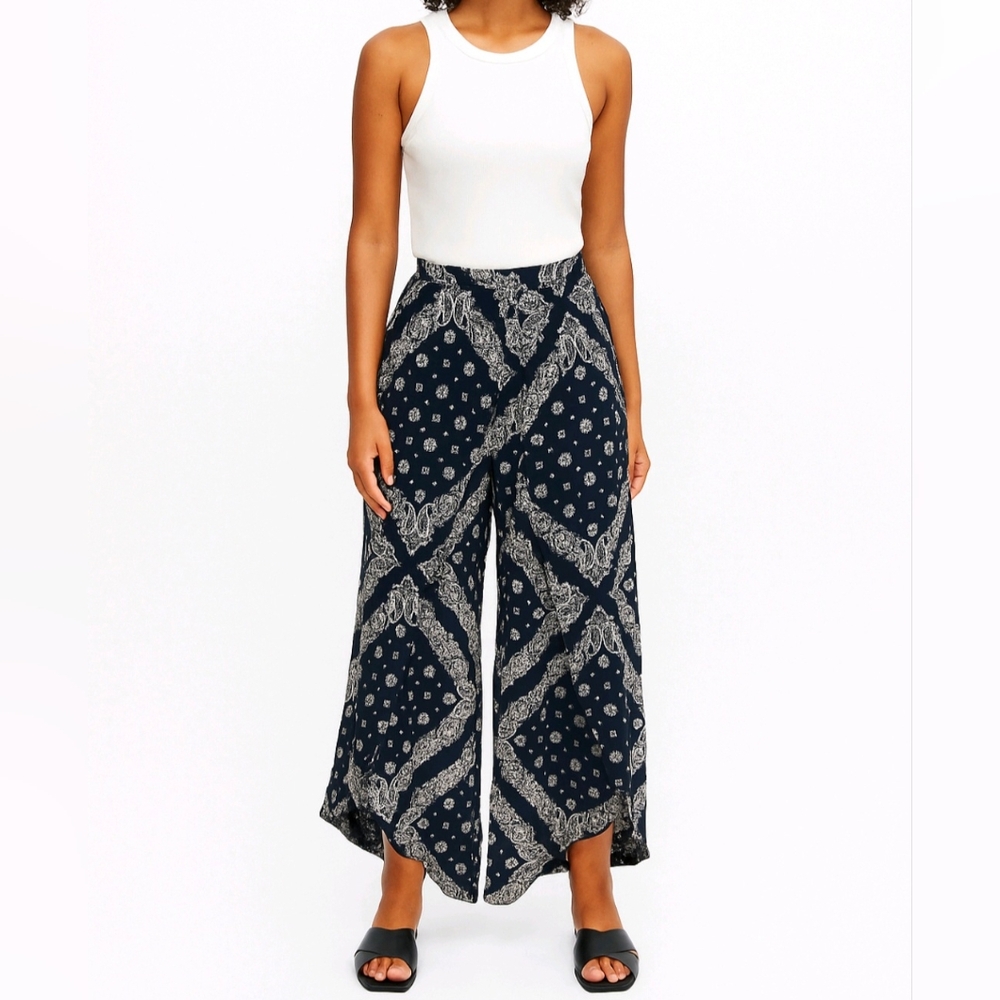 Angel Biba Wrap Pants Navy Handkerchief Print Boho Wide Leg Junior Size 10 NEW